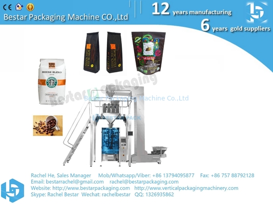 Máquina de embalaje de granos de café puro con bolsa de película de PE, bolsa gusset, bolsa quad