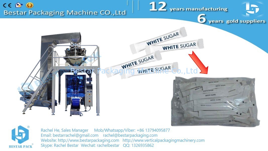 Máquina de embalaje automática para bastoncillas de azúcar, pesadora de varias cabezas con función de descarga de fuerza BSTV-450AZ
